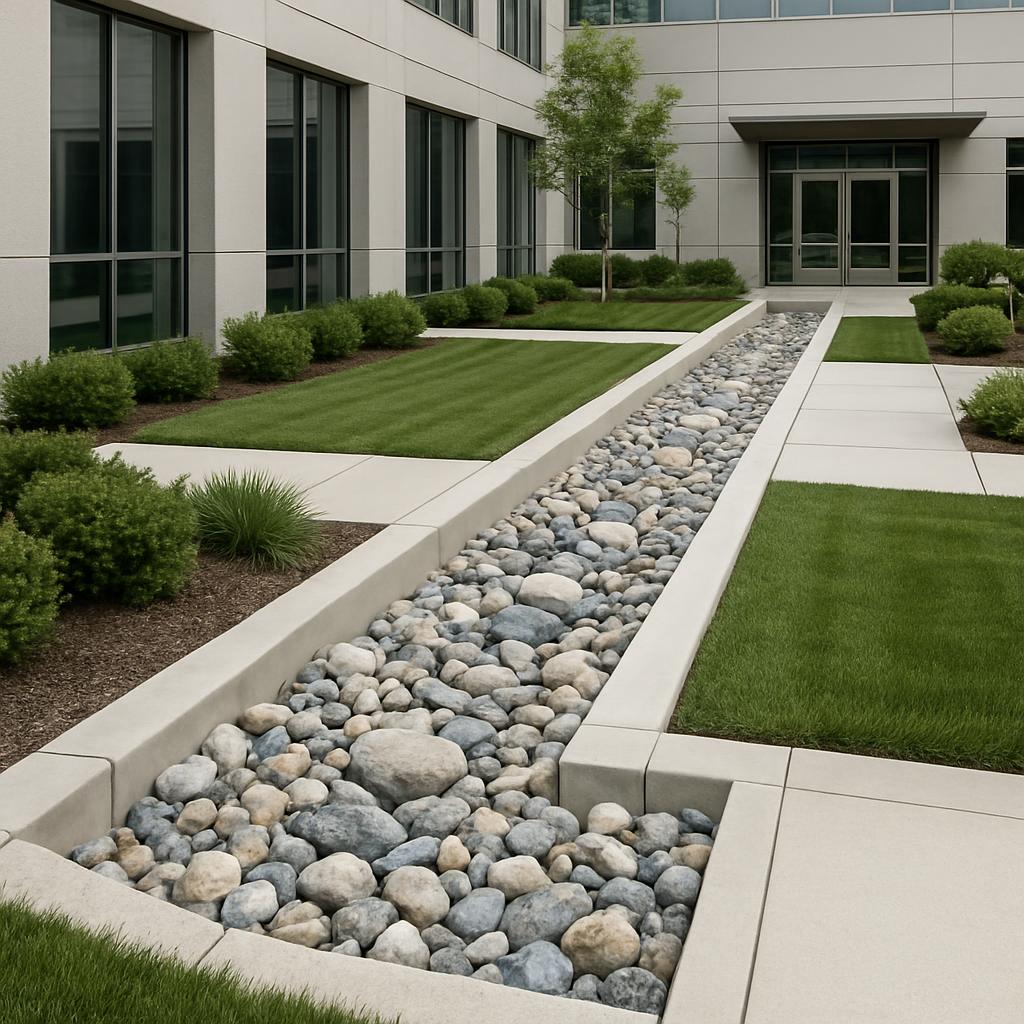 Stone landscaping in front yard of a business building. Exterior design is polished stone, mulch, grass, and servicable la...