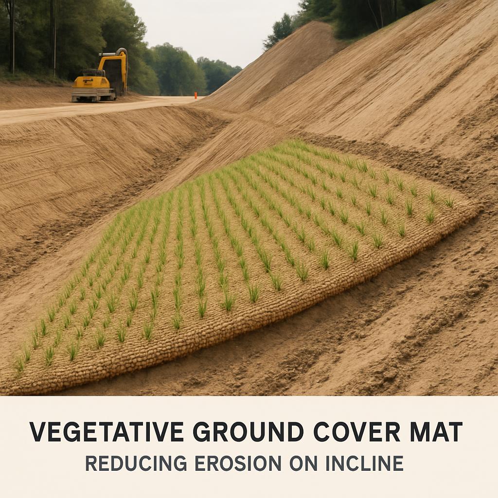 A vegetative ground cover mat for reducing erosion on an incline.