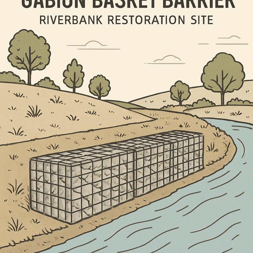 An illustration of a Gabion Basket Barrier along a riverbank, used for riverbank restoration.